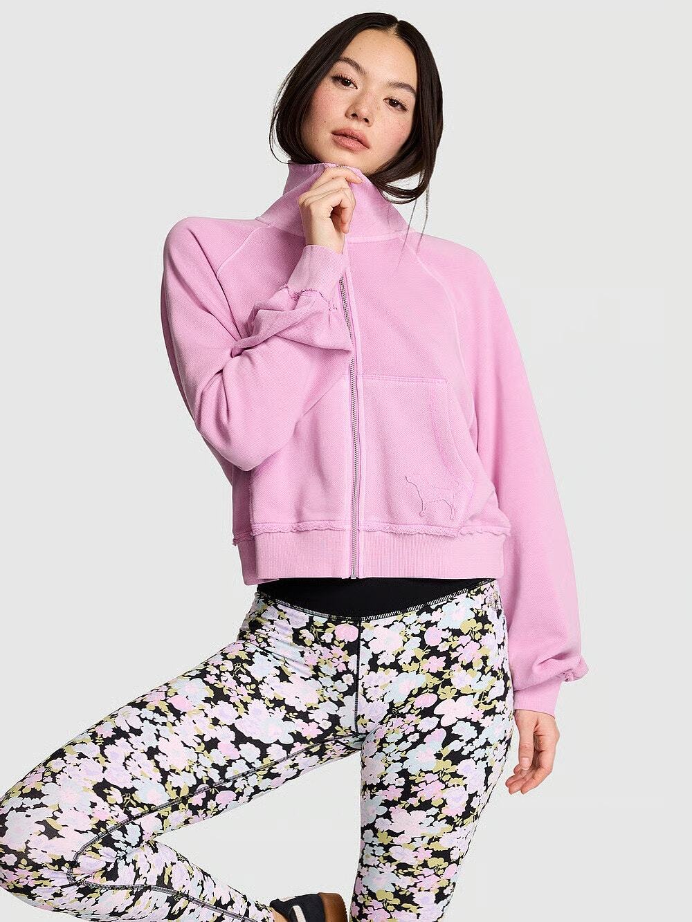 Pink Victorias Secret Women's S Campus Terry Mock Neck Full-Zip Sweatshirt U4-10